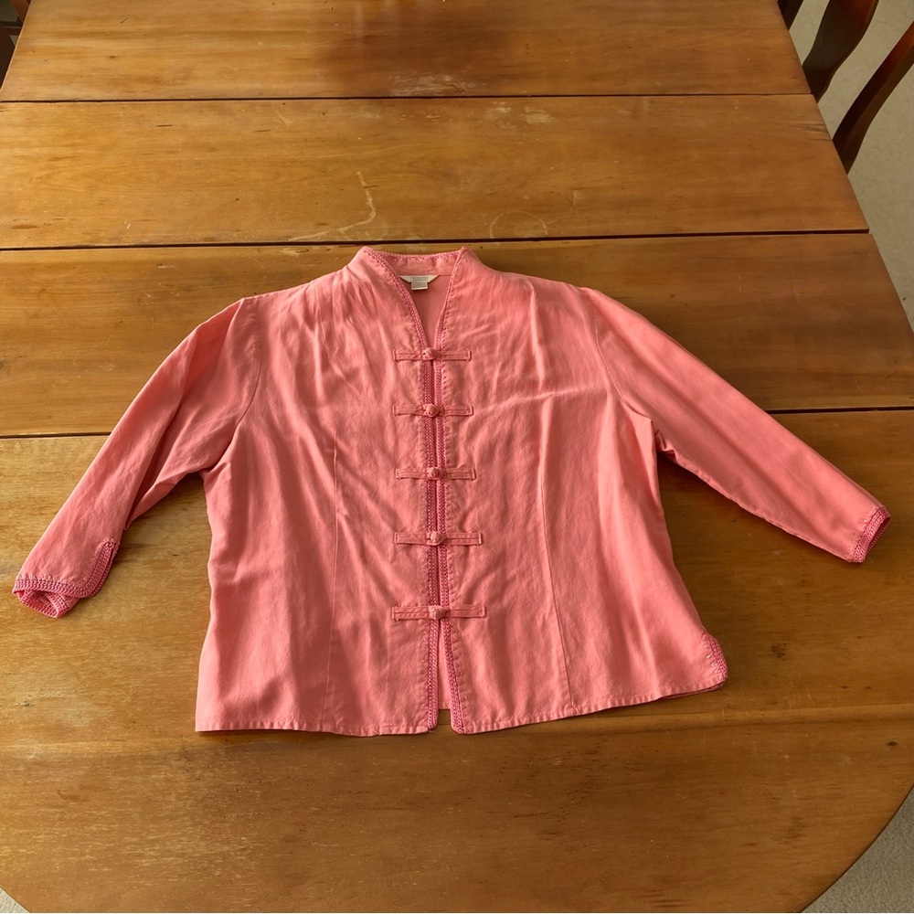 VTG Silk Linen Pink Mandarin Collar Blouse with 3/4 sleeve pankou buttons XL
